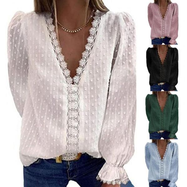 

women's blouses & shirts 2021 v-neck lace shirt blouse spring summer short sleeve ladies casual women solid pullover blusa streetw, White