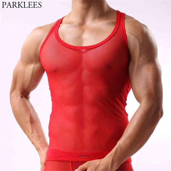 Vermelho ver através do tanque de malha homens sexy sem mangas sheer shirt transparente perspectiva fishneting bodybuilding t-shirt 210623