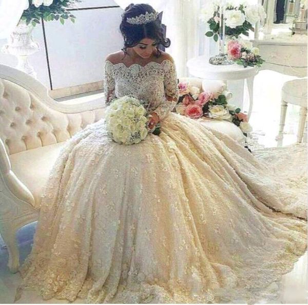 

luxurious full lace a line wedding dresses long sleeves pearls beaded illusion appliques puffy off shoulder bridal gowns robes de mariee, White
