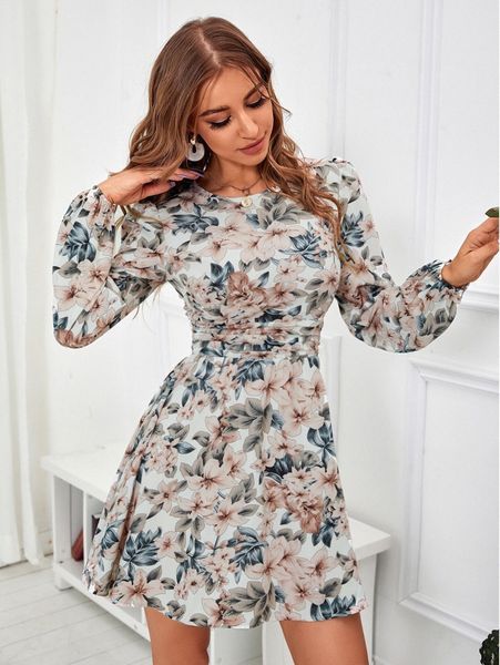 

floral print puff sleeve ruched waist dress l8p7#, Black;gray
