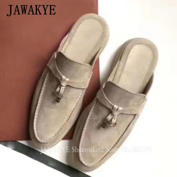 

slippers summer walk suede women metal lock decor flat shoes outdoor lazy slides runway mules for ladies 2021 sell, Black