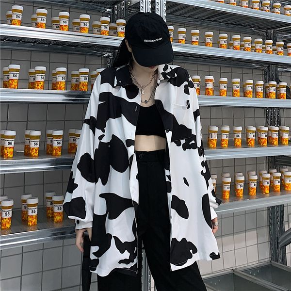 

2021 new deeptown vaca impresso blusas femininas estilo coreano moda outono boto acima solta manga longa camisa feminina lazer s 2qf9, White
