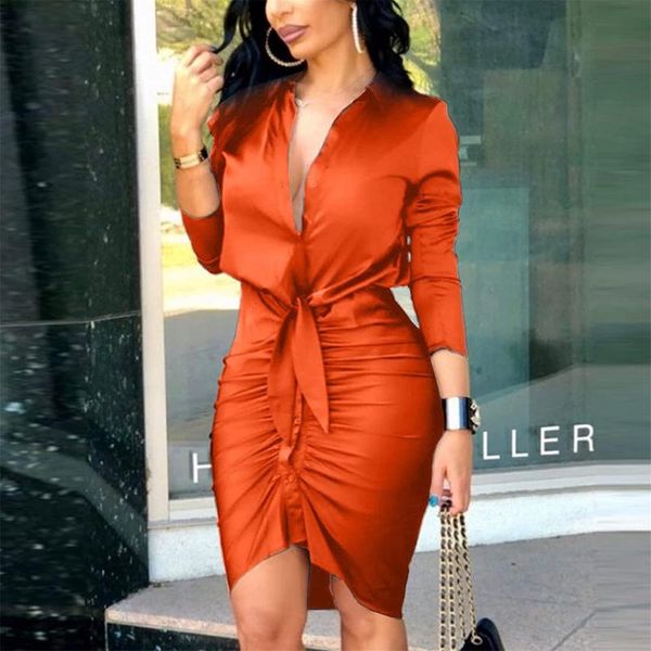 

casual dresses 2021 women's lapel pleated v-neck long-sleeved slim-fit european and american hip-lifting dress workplace shirt, Black;gray