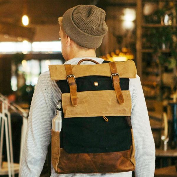 

backpack retro wax canvas crazy horse leather travel bag outdoor leisure mountaineering student computer school mini