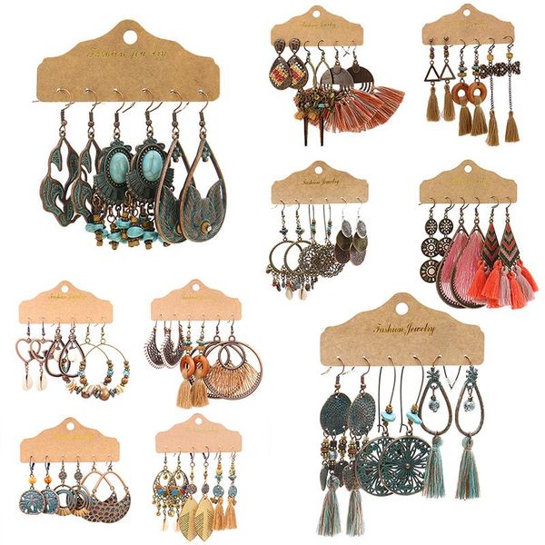

hoop & huggie 6pc/set vintage long hanging women earrings 2021 tassel fashion boho big drop geometric jewelry beach party pendant earring, Golden;silver
