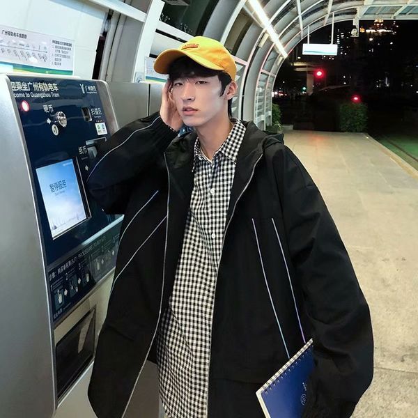 

tooling coat boys reflective hooded casual solid color loose korean jacket spring and autumn thin youth students, Black;brown