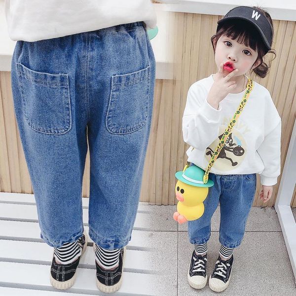 

jeans ins baby girls 0-5 years old cotton washed kids striped stitching cuffs for girl wild leisure, Blue