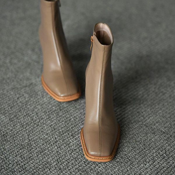 

khaki square toe booties female high heel ankle boots, fall 2021) new women's chunky heel boots, Black