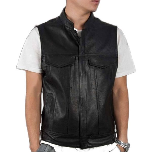 

men's vests black motorcycle biker leather vest men sleeveless jackets streetwear multi-pocket plus size casual slim button coats, Black;white