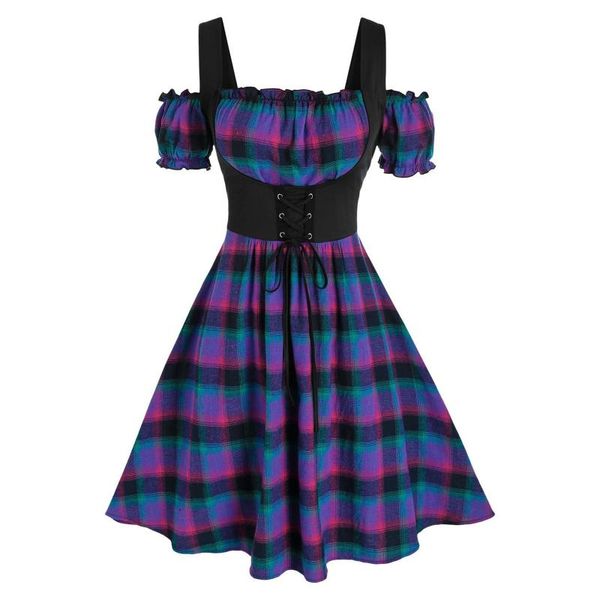 

casual dresses gothic dress women vintage plaid belt tunic spring autumn corset a-line retro party vestidos robe de soirÃ©e femme 2021, Black;gray