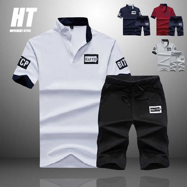 

tracksuit men sets summer 2 pieces sportswear set+ gym fitness sport shorts casual letter printing polo sweat suit 4xl 210714, Gray