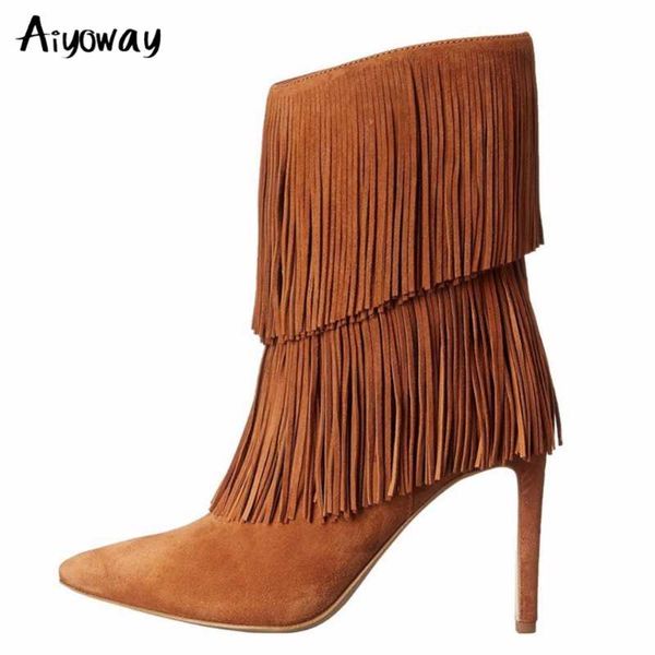 

boots aiyoway women faux suede tassel short ankle pointed toe high heels brown black stilettos fashion party evening shoes