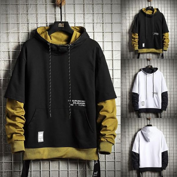 

2021 m-5xl men's new fashion loose stitching fake two-piece hooded sweatshirt drawstring hooded head drop shipping, Black