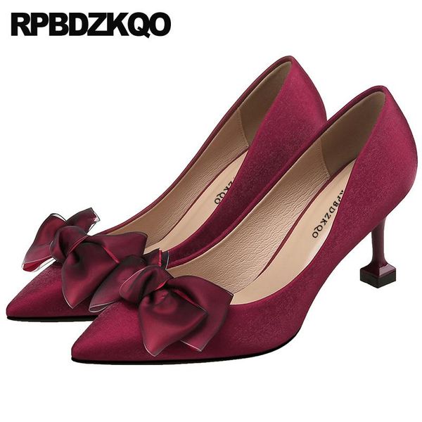 

dress shoes wine red thin bow pumps scarpin luxury women high heels fashion 3 inch stiletto 2021 pointed toe slip on designer satin, Black