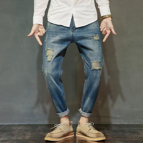 

men's jeans loose baggy distressed brand hip hop trousers big size 2021 fashion vintage men ripped cotton harem denim pants, Blue