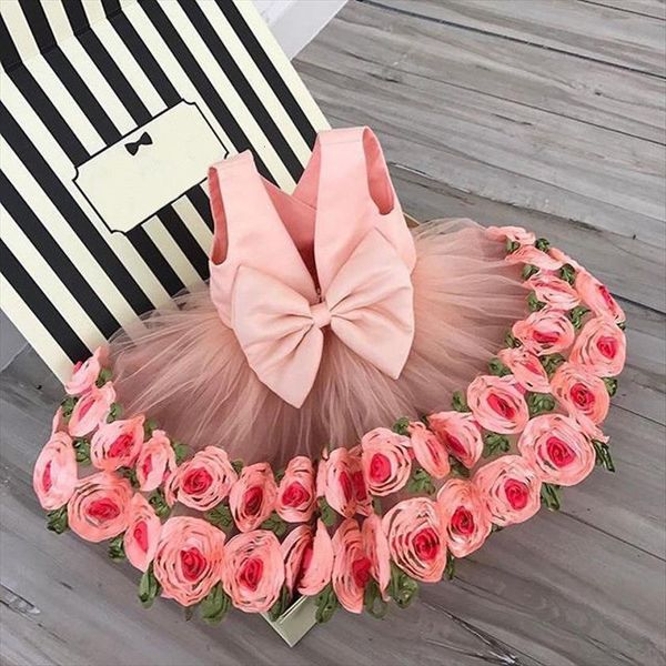 

princess rose flower kids girl dresses girls sleeveless lace bow baby party pageant wedding bridesmaid clothing, Red;yellow