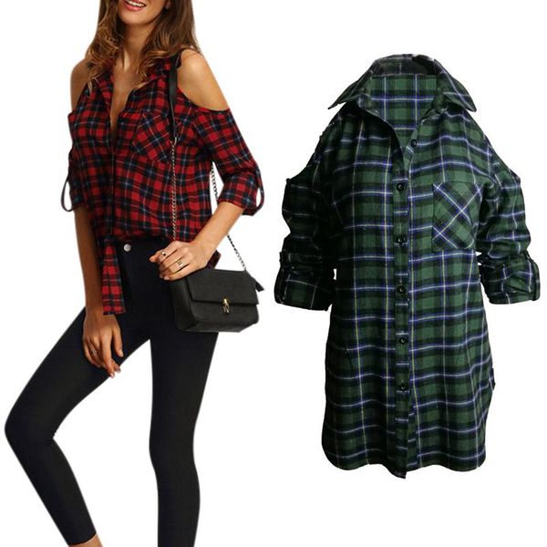 

women long sleeve plaid shirt lady off-shoulder casual party blouse t-shirt, White