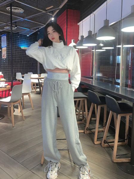 

men's pants 2021 wang gray waistband sports trousers high waist letter elastic casual tethered, Black