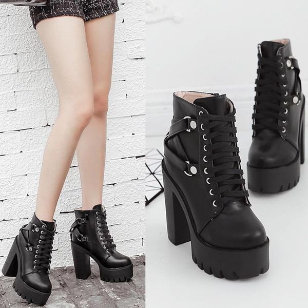 

boots women fashion lady lace up shoe soft pu leather platform party ankle boot high heels female winter shoes m50#, Black