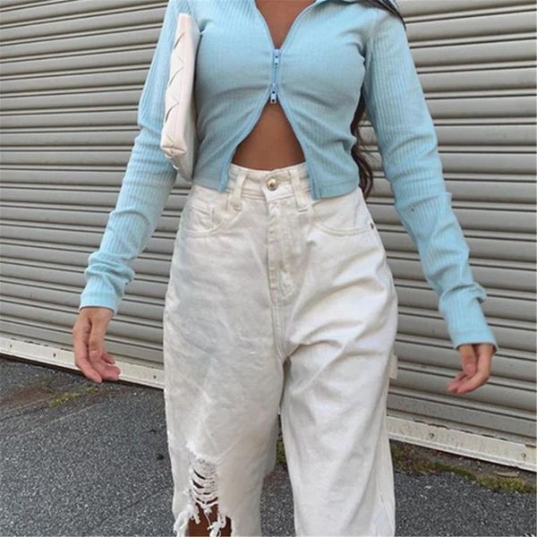 

sagace 2021female holes denim jeans woman high waist women button pocket solid color baggy jeans trousers loose denim pants, Blue