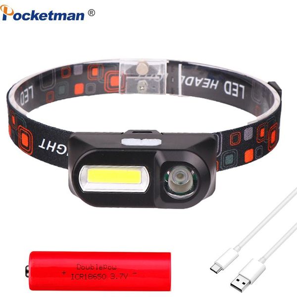 

usb rechargeable led headlamp xpe+cob headlight camping head lamp waterproof head light use 18650 battery torch