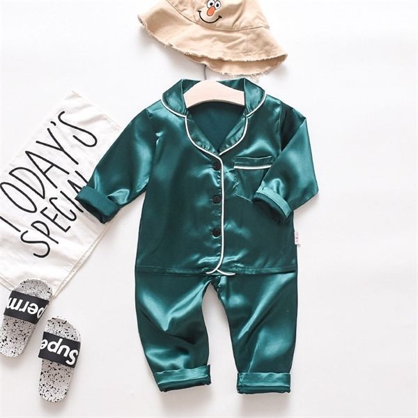 

kids pajamas set 2pcs kids boys clothes girls ice silk satin cartoon printing pants set pajamas 2021 new home wear x0802, White