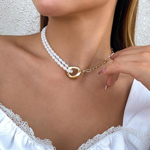 

chokers diezi korean hip hop elegant imitation pearl pendant necklace for women girls sweet gold color chain jewelry, Golden;silver