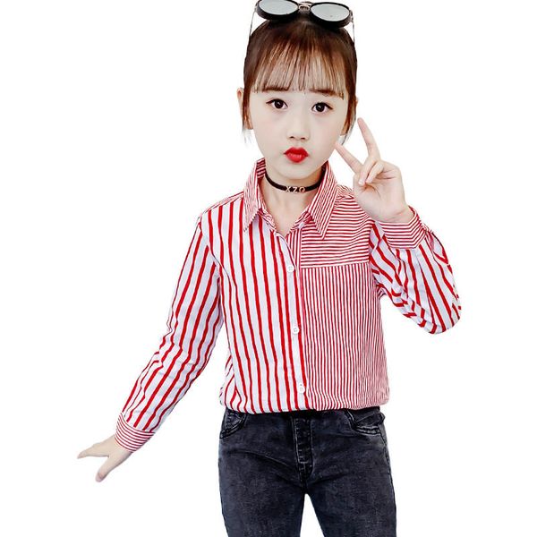 

2021 new mode red vertical children striped shirts for teenage girls age 4 5-6 7 8 9 11 12 13 years adolescent girl cotton polyester blouse, White