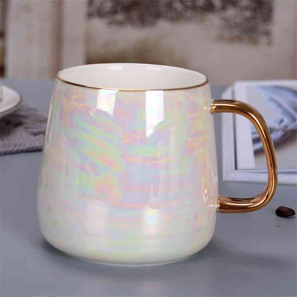 Caneca do punho do ouro do esmalte da pérola, xícara de café da forma caneca avançada do arco-íris de cerâmica vitrificada do arco-íris, presentes nórdicos simples 210804