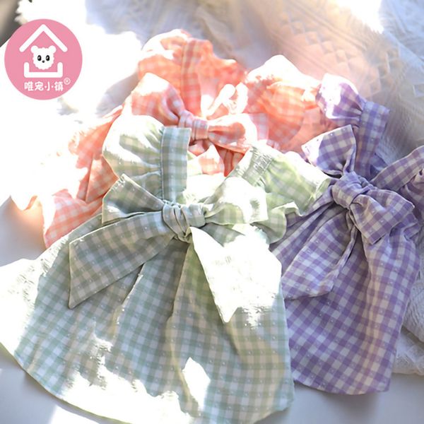 

weichong town * spring and summer plaid bow skirt pet cloth cat dog teddy bear coat