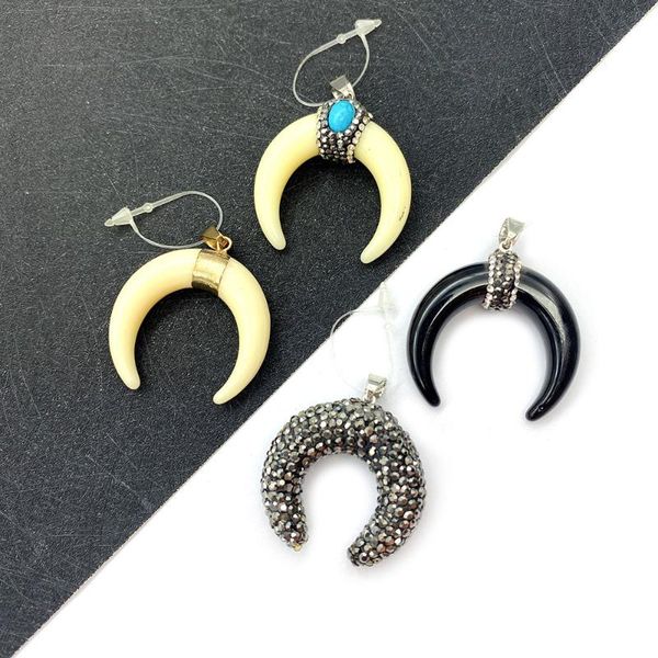 

charms natural stone resin ox bone pendant moon shape black and white diamond diy making necklace earrings accessories jewelry, Bronze;silver