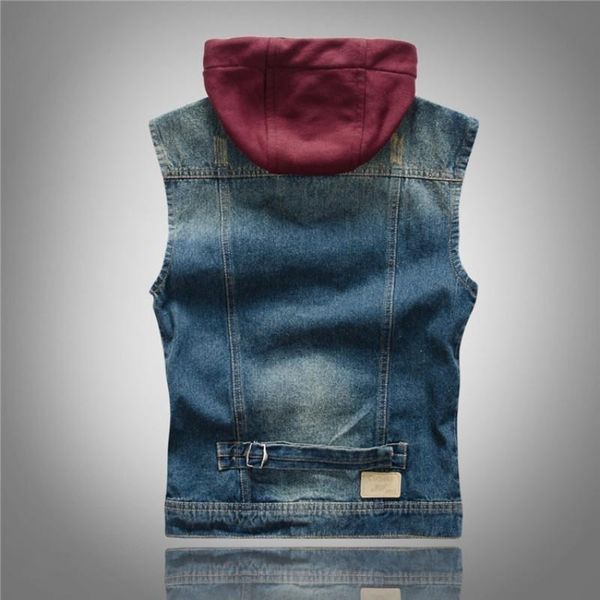

men's vests autumn mens waistcoat korean fashion casual punk style vintage hooded slim motorcycle hat detachable washed man denim coat, Black;white