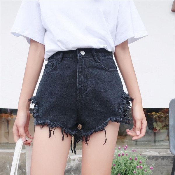 

women's shorts women summer denim side belt holes hollow korean harajuku high waist was thin loose wide leg burr, White;black