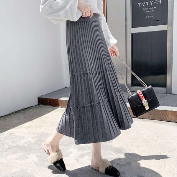 

popular autumn and winter 2020 new fashion high waist knitted covered meat medium length ear edge pleated a-line long skirt for women hot, White;black