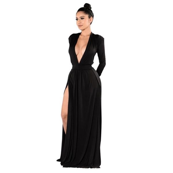 

casual dresses black maxi for women summer 2021 fashion deep v neck long sleeve split elegant vestido, Black;gray