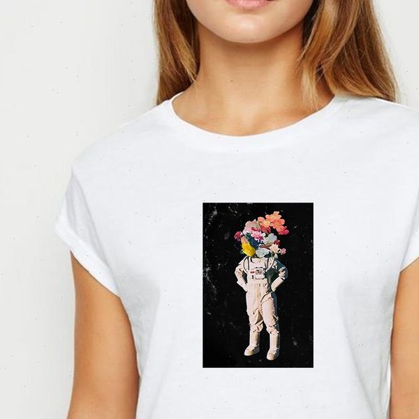 

flower astronaut tshirt ulzzang spring summer plus size t shirt women recreational vestidos white o collar t shirts