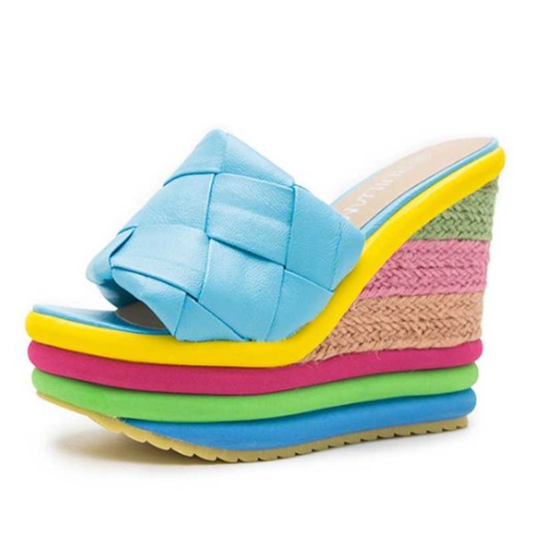 

slippers 2021 est fashion rainbow wedges 13cm super high heels sandals leisure summer slides women platform peep toe, Black