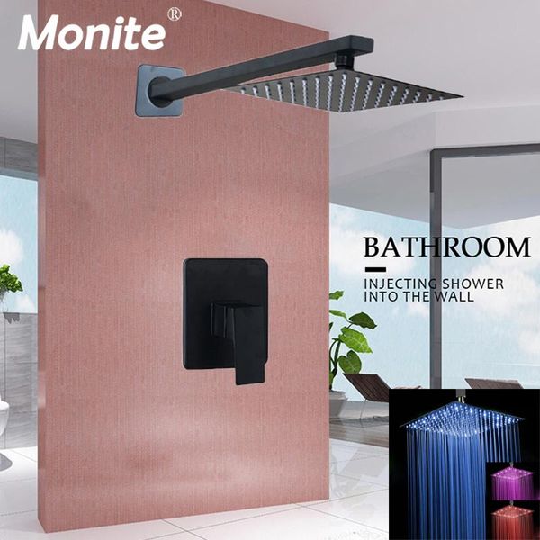 

monite 8 12 16 inch wall mounted rain shower set led ultrl-thin shower head black painting light rainfall set faucet