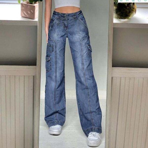 

women's jeans streetwear women high waist fashion pockets patchwork baggy cargo denim pants 2021 korean vintage wide legs trousers w705, Blue
