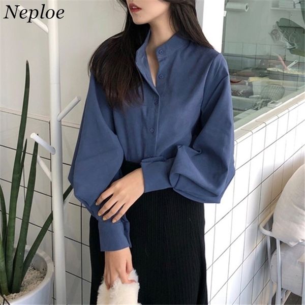 

neploe korean fashion solid women shirts 2021 retro single breasted stand collar female blusas spring casual blouse 66847 sh190803, White