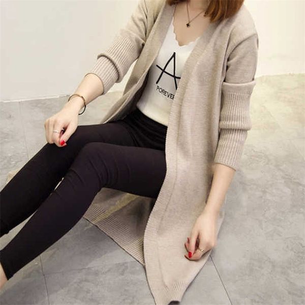 

mid-length cardigan sweater women long-sleeved jacket autumn winter women's solid color large size sweaters 211007, White;black
