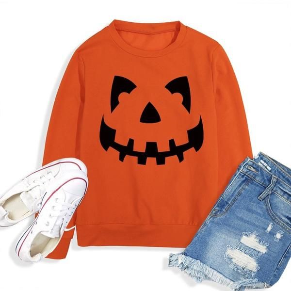 

women's hoodies & sweatshirts lantern pumpkin printed halloween saweatshirt pullover funny fashion pure cotton jumper casual women ou, Black