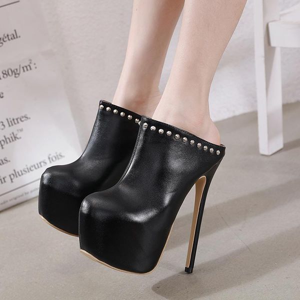 

boots 16cm high heel pumps women shoes platform round head rivets punk style slip on ladies slides slingback, Black