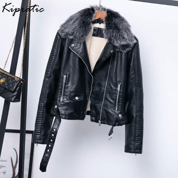 

women's leather & faux warm female lapel pu jacket lambs flocking fur collar autumn winter coat casual belted outwear, Black