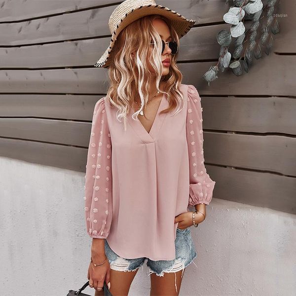 

women's blouses & shirts chiffon blouse solid v neck long sleeve spring autumn ladies casual loose shirt for female 2021 fashion, White