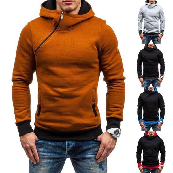

men's hoodies & sweatshirts 2021 slim and thick pullover for male diagonal zipper hoodie sweatshirt long-sleeved hooded casual, Black