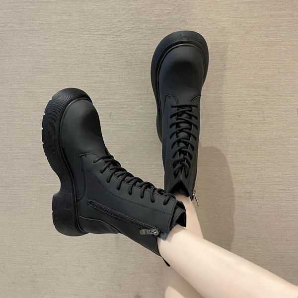 

boots 2021 women snow thick bottom plush warm causal shoes sneakers middle calf platform sole lace up winter, Black