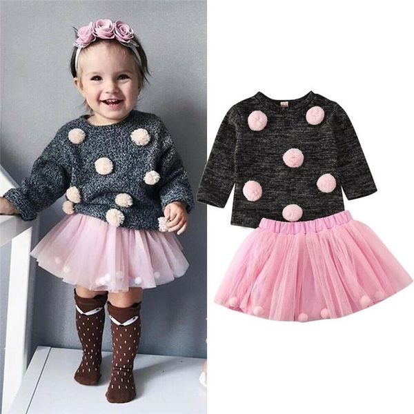 

toddler baby girls autumn winter clothes sets solid pom pom pullover knitted sweater +tulle skirt 2pcs outfits, White