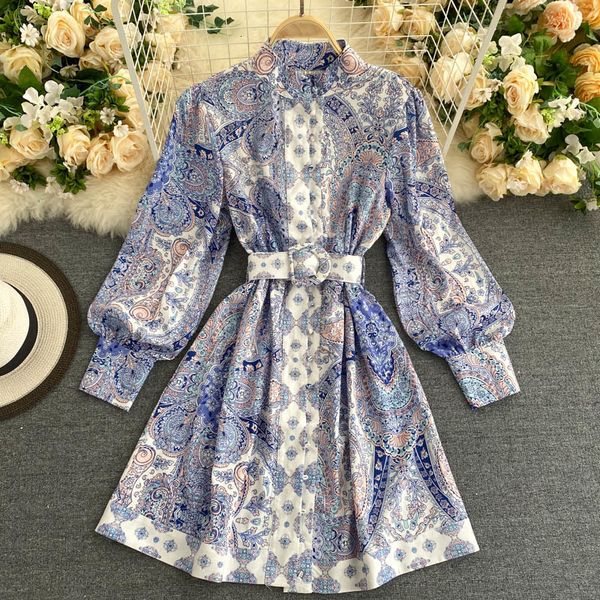 

autumn 2021 new stand slim short retro printed a-line sashes knee-length es for women ix3z, Black;gray