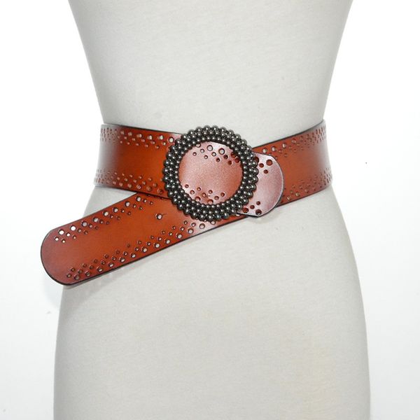 

women's simple hollow out decorative two-layer leather belt, Black;brown